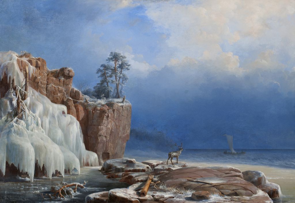 Taidemaalari P. I. Balashov maalasi Näkymä Niikkanan lahdelle -teoksensa vuonna 1866. Työ on esillä parhaillaan Pietarissa. (Kuva: Uusi Valamo)